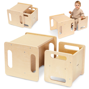 Mesa e cadeira de madeira com função de trampolim – um conjunto Montessori multifuncional para crianças