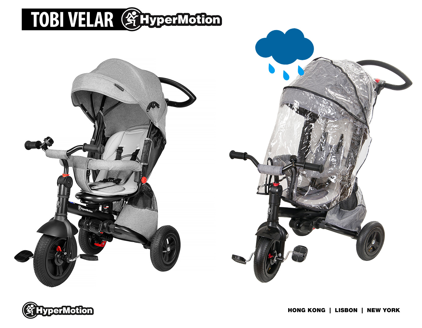 Triciclo Tobi Velar + capa de chuva - cinza