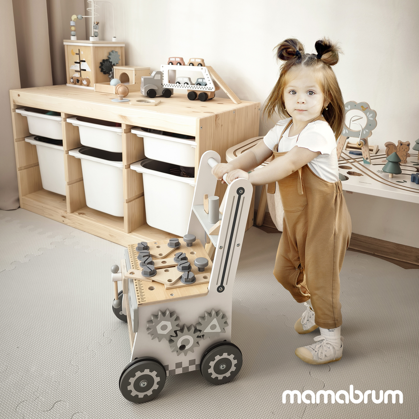 Andador de madeira 3 em 1, empurrador + oficina - 47 elementos