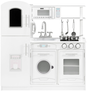 Grandes acessórios de cozinha brancos de madeira e avental