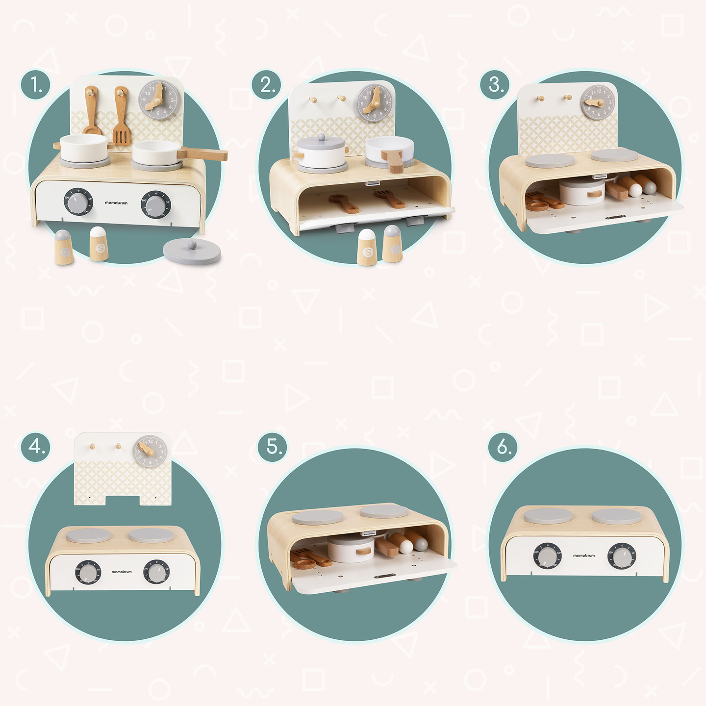 Cozinha dobrável de madeira Mamabrum para crianças - Conjunto com panelas, acessórios de cozinha e armazenamento