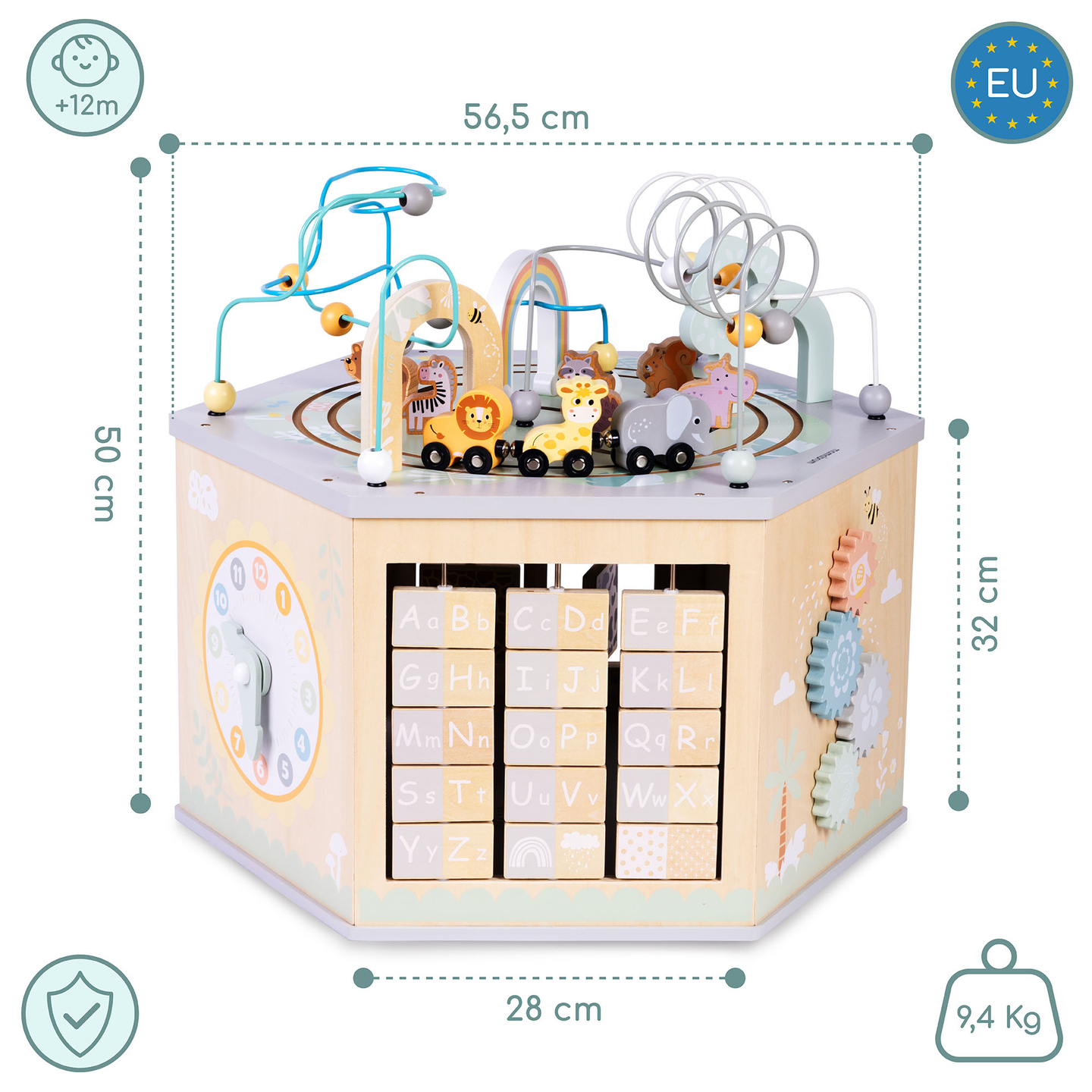 Grande cubo educacional de madeira - um brinquedo Montessori com um trem magnético e laços de motor