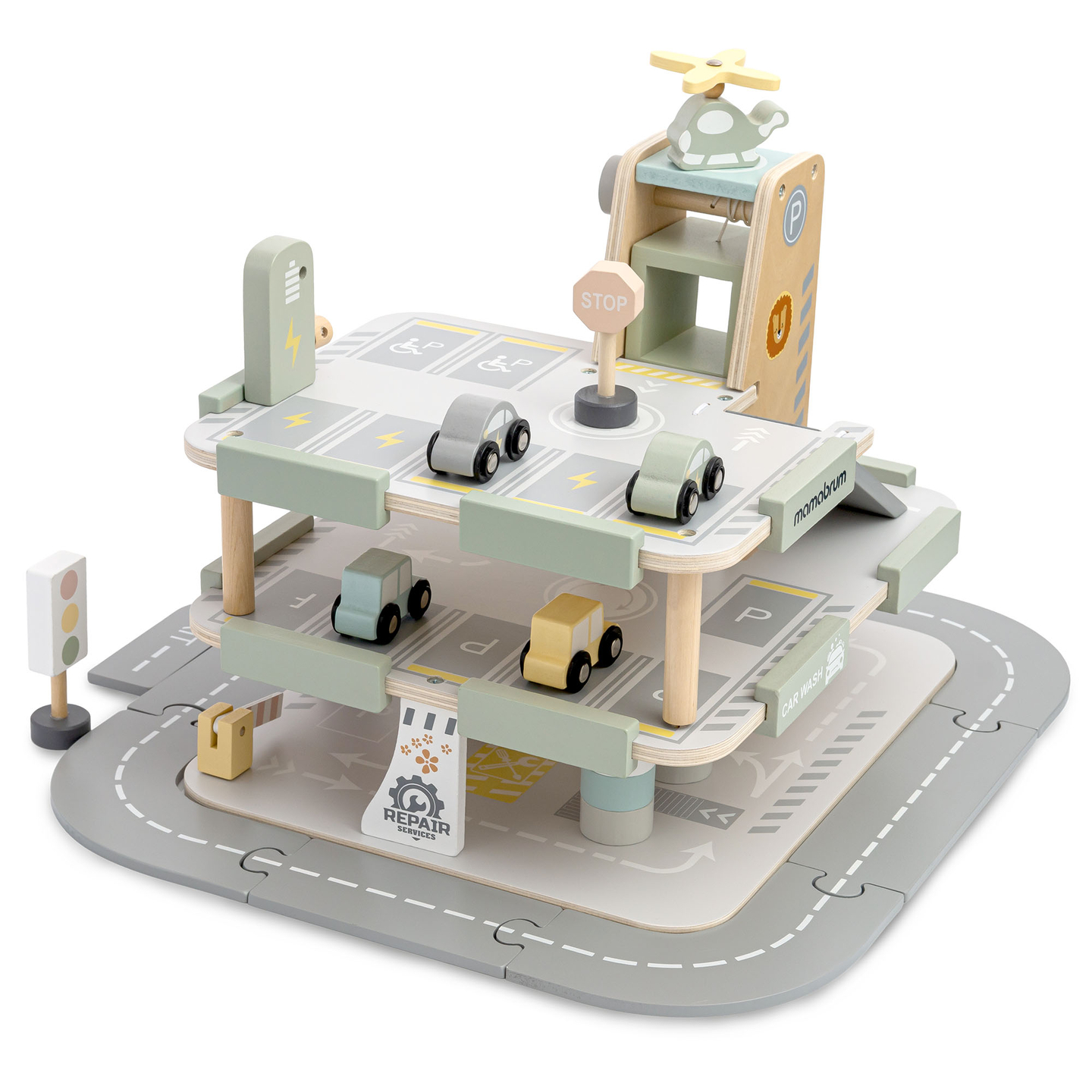Garagem de madeira de três andares para crianças com acessórios – estacionamento, posto de gasolina, lava-rápido, helicóptero