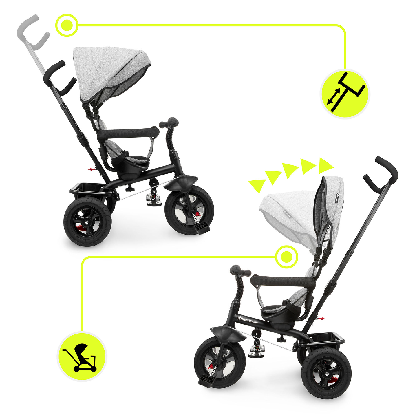 Triciclo para crianças de 1 a 4 anos - TOBI FREY - cor cinza - giratório - rodas infláveis + empurrador