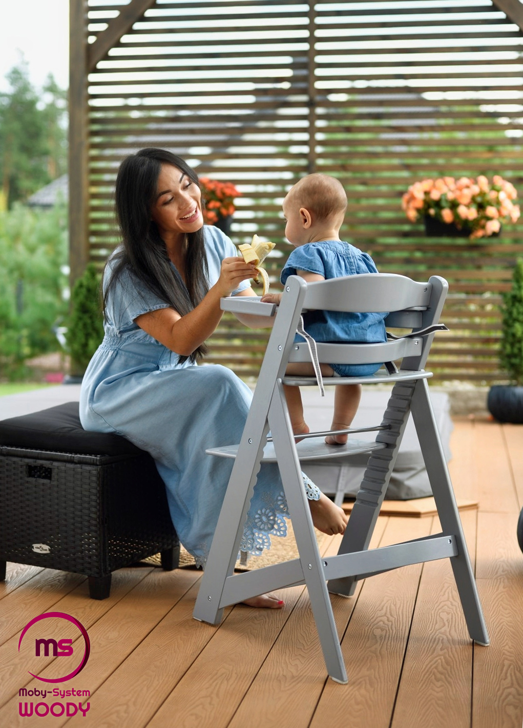 Cadeira de alimentação de madeira Moby-System WOODY - cor cinza