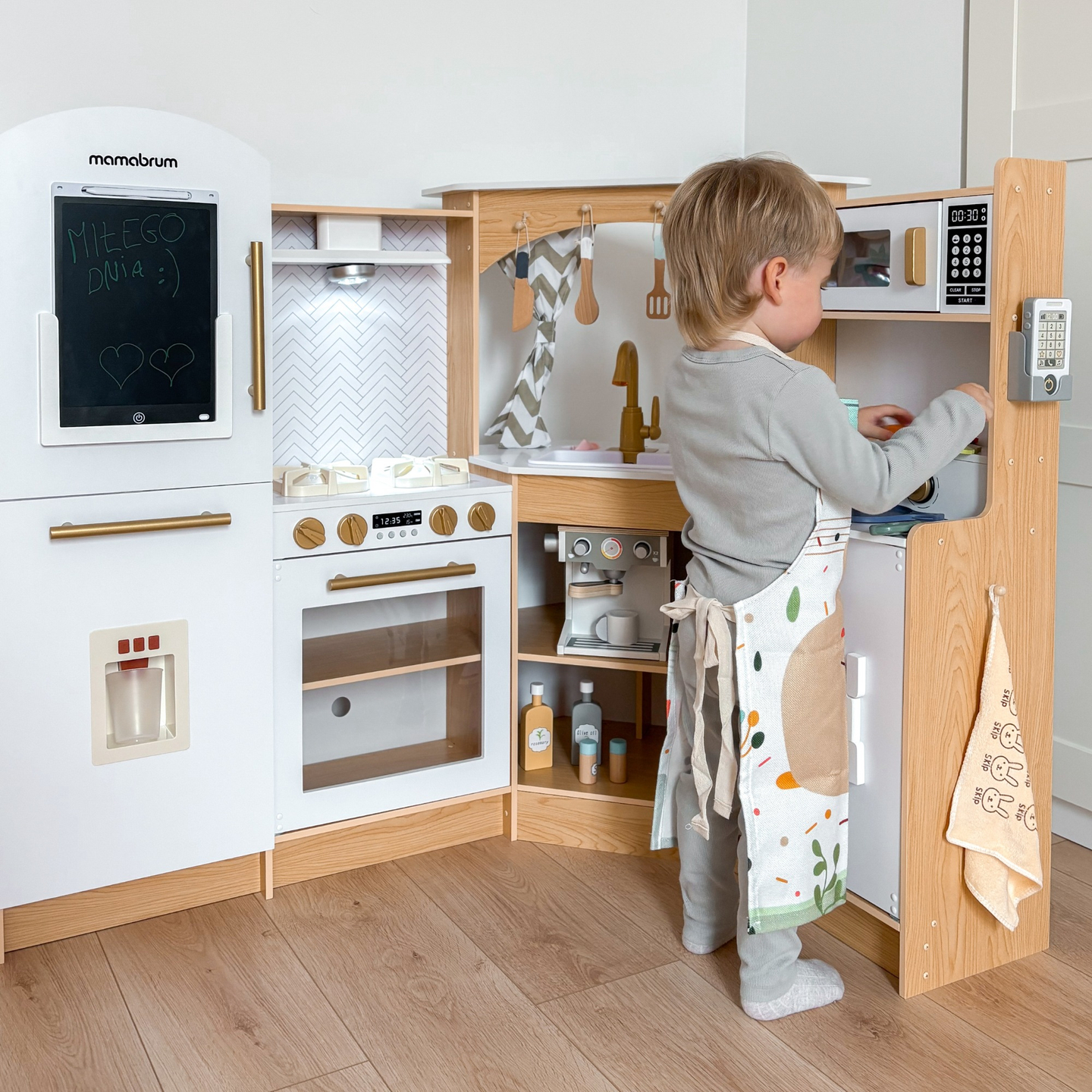 XXXXL grande cozinha interactiva de madeira com iluminação LED, máquina de lavar roupa, micro-ondas, máquina de café e conjunto de frutas e legumes - 50 elementos