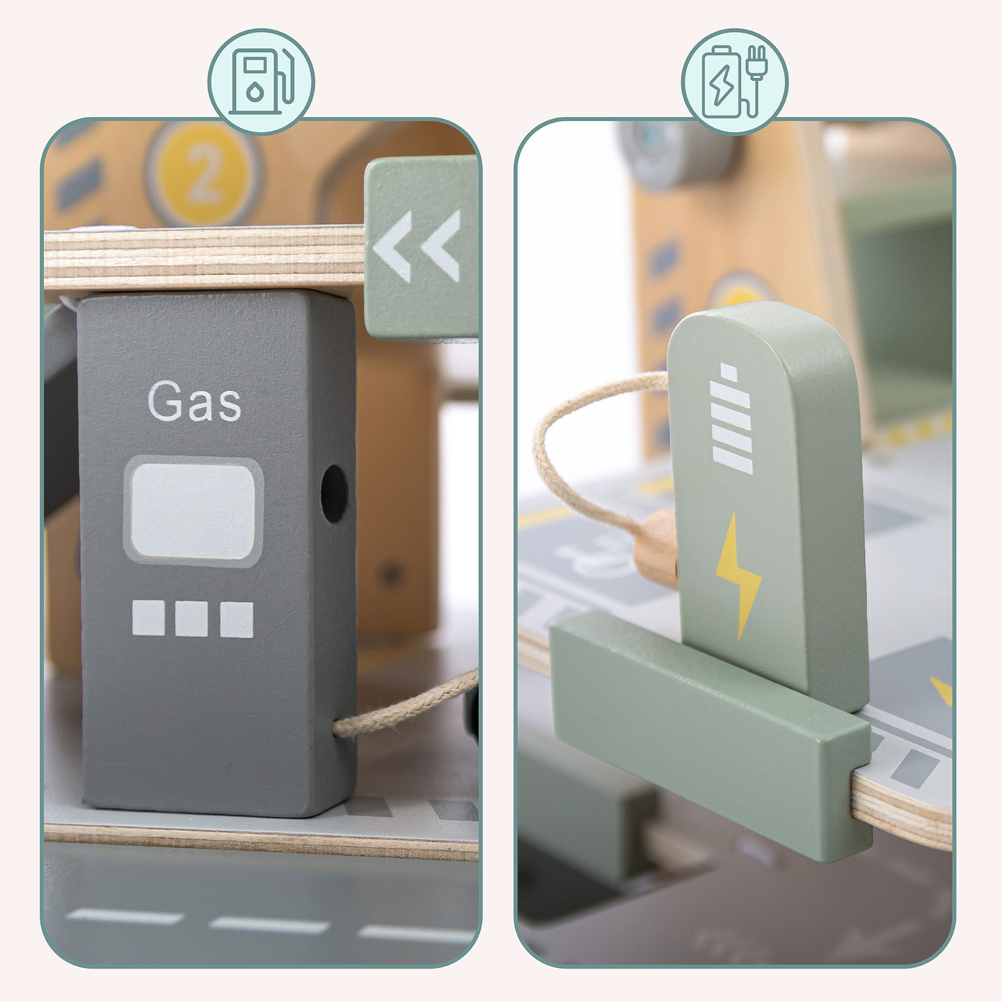 Garagem de madeira de três andares para crianças com acessórios – estacionamento, posto de gasolina, lava-rápido, helicóptero