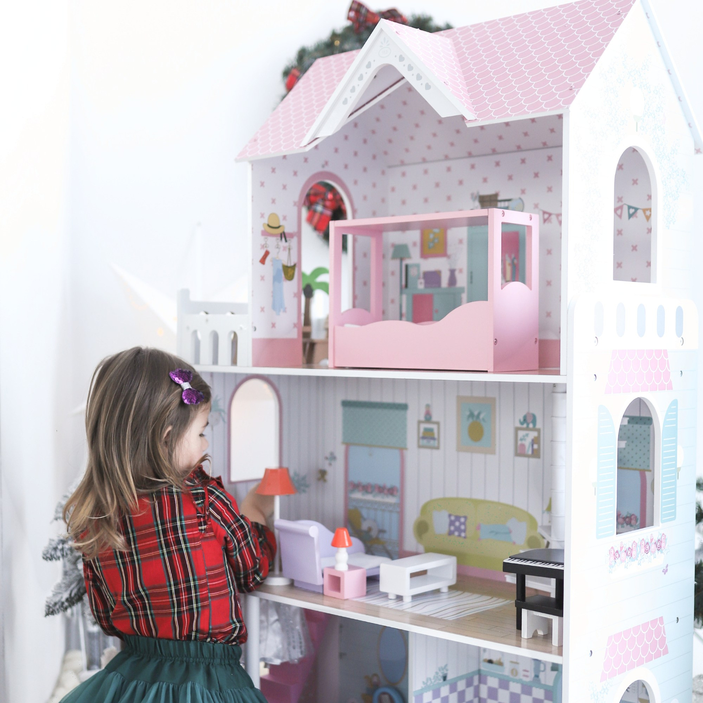 XXL A maior casa de bonecas de madeira - 123 cm - iluminada por LED - terraço, acessórios, jardim