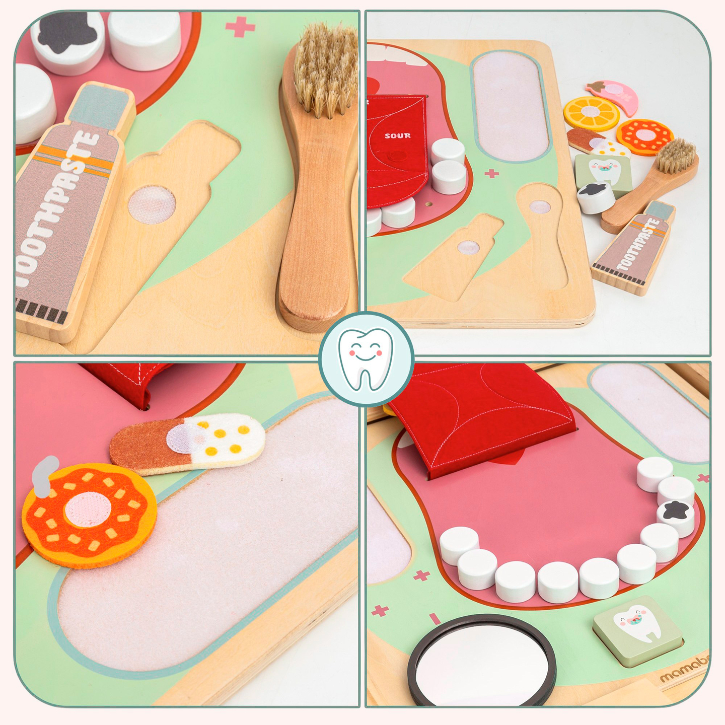 Quadro Educacional Montessori de Madeira Pequeno Dentista - escova de dentes, pasta de dentes, dentes removíveis, espelho, comida, sabores de aprendizagem