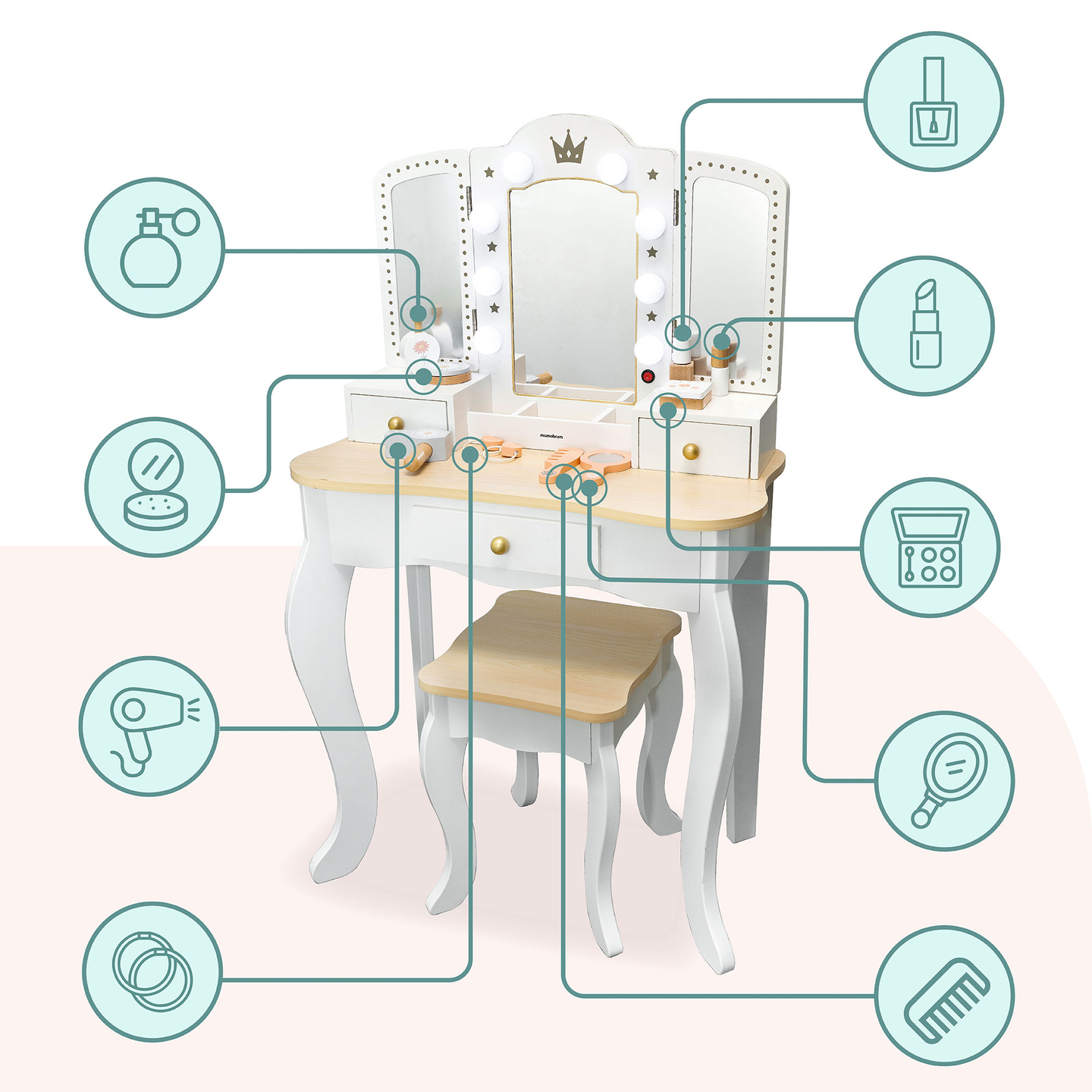 Penteadeira de madeira XXL com banco e iluminação LED para crianças + acessórios