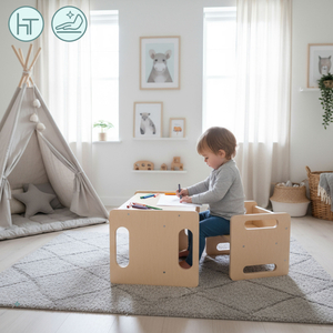 Mesa e cadeira de madeira com função de trampolim – um conjunto Montessori multifuncional para crianças
