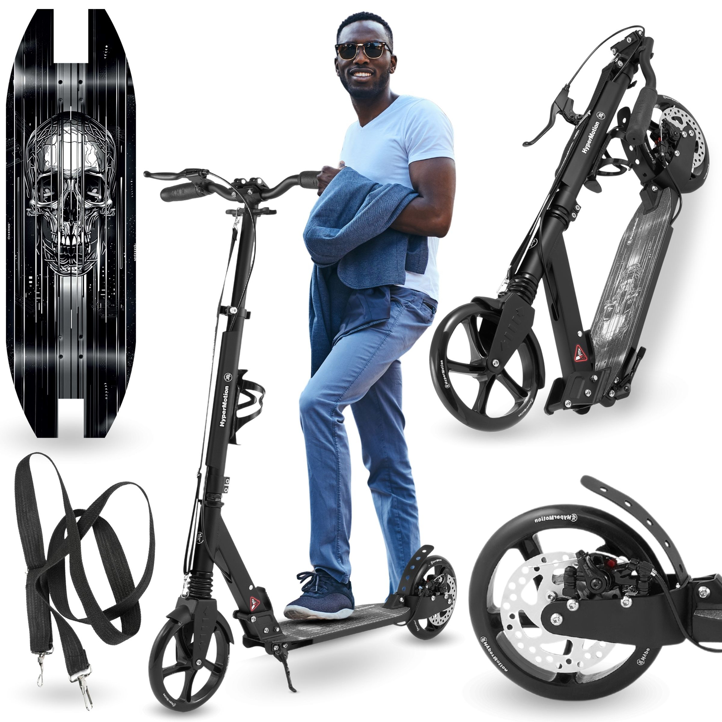 Trotinete de duas rodas para jovens adultos - com amortecedor - HyperMotion Skyline - preto, alumínio - 100kg