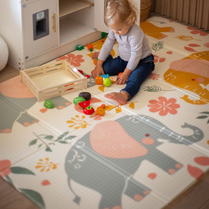 Tapete de espuma dobrável de dupla face 180 x 120 x 1cm - Exotic Elephants/Delicate Grey