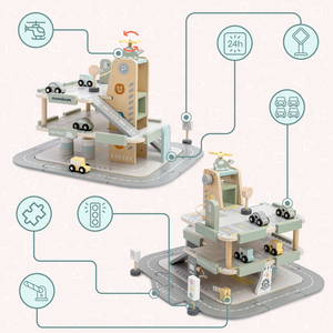 Garagem de madeira de três andares para crianças com acessórios – estacionamento, posto de gasolina, lava-rápido, helicóptero
