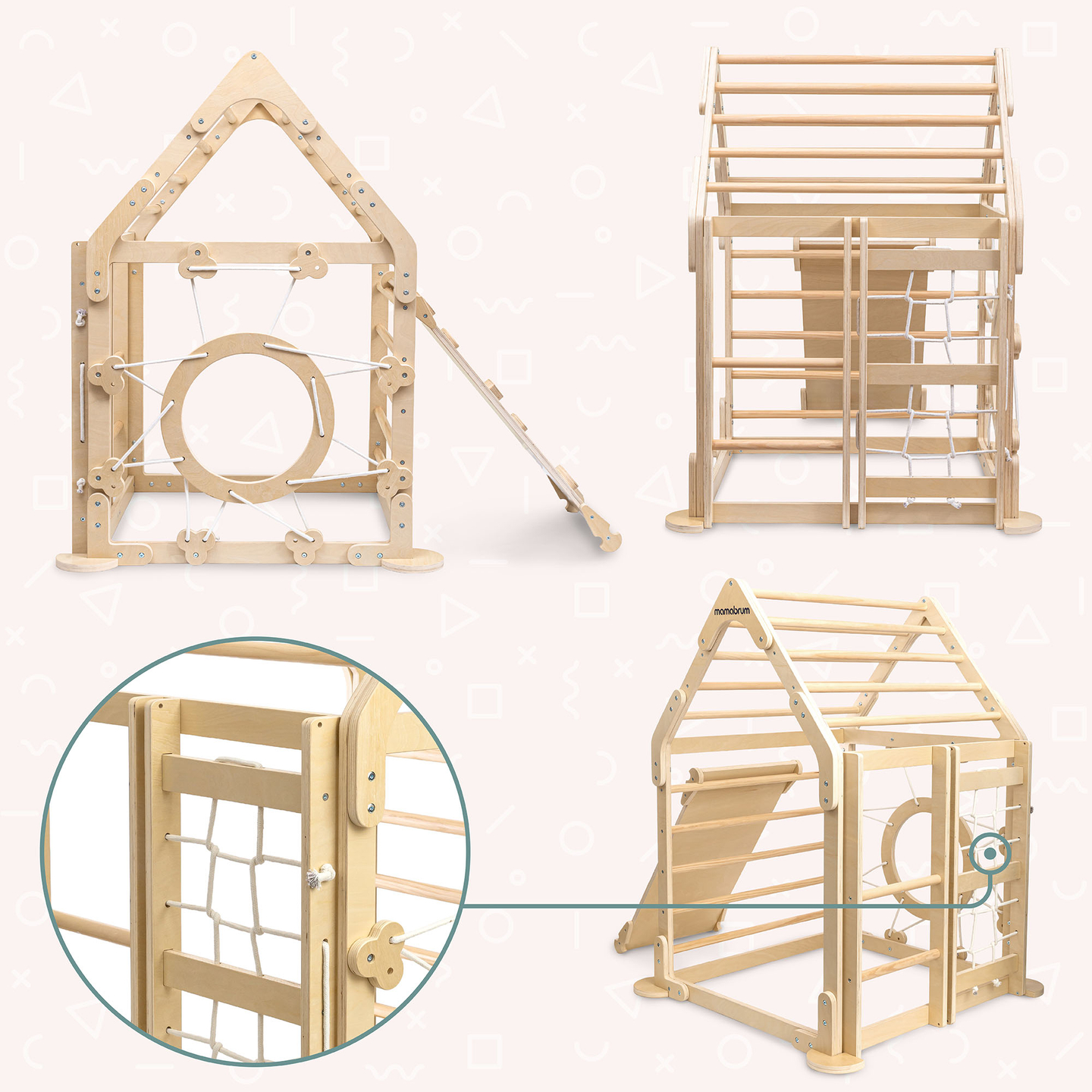 Playground interno de madeira para crianças - uma casa com escadas e um escorregador