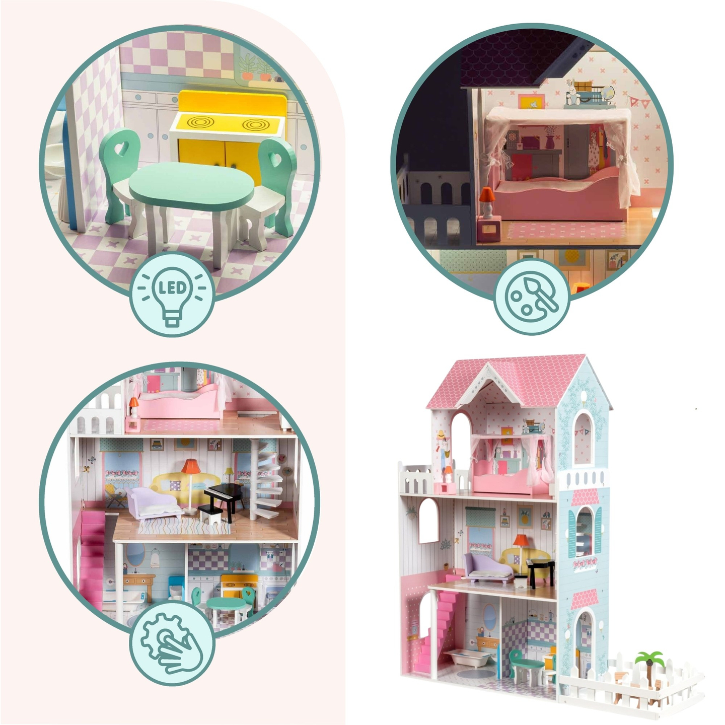 XXL A maior casa de bonecas de madeira - 123 cm - iluminada por LED - terraço, acessórios, jardim