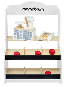 Minimercado - loja com balança, terminal, cartão de pagamento e fruta