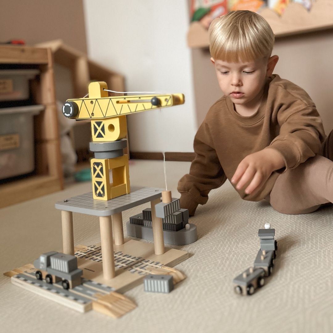 Guindaste portuário móvel com guincho magnético e acessórios - conjunto de madeira