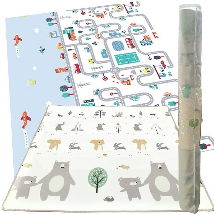 Tapete de espuma XXL dupla face - rolo de 2 CM (estrada e floresta com ursinho de pelúcia)