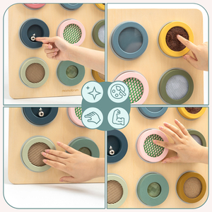 Painel sensorial Montessori de madeira – 9 texturas para descobrir e desenvolver o sentido do tato.