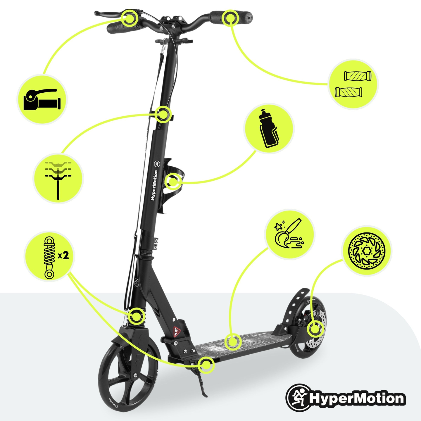 Trotinete de duas rodas para jovens adultos - com amortecedor - HyperMotion Skyline - preto, alumínio - 100kg