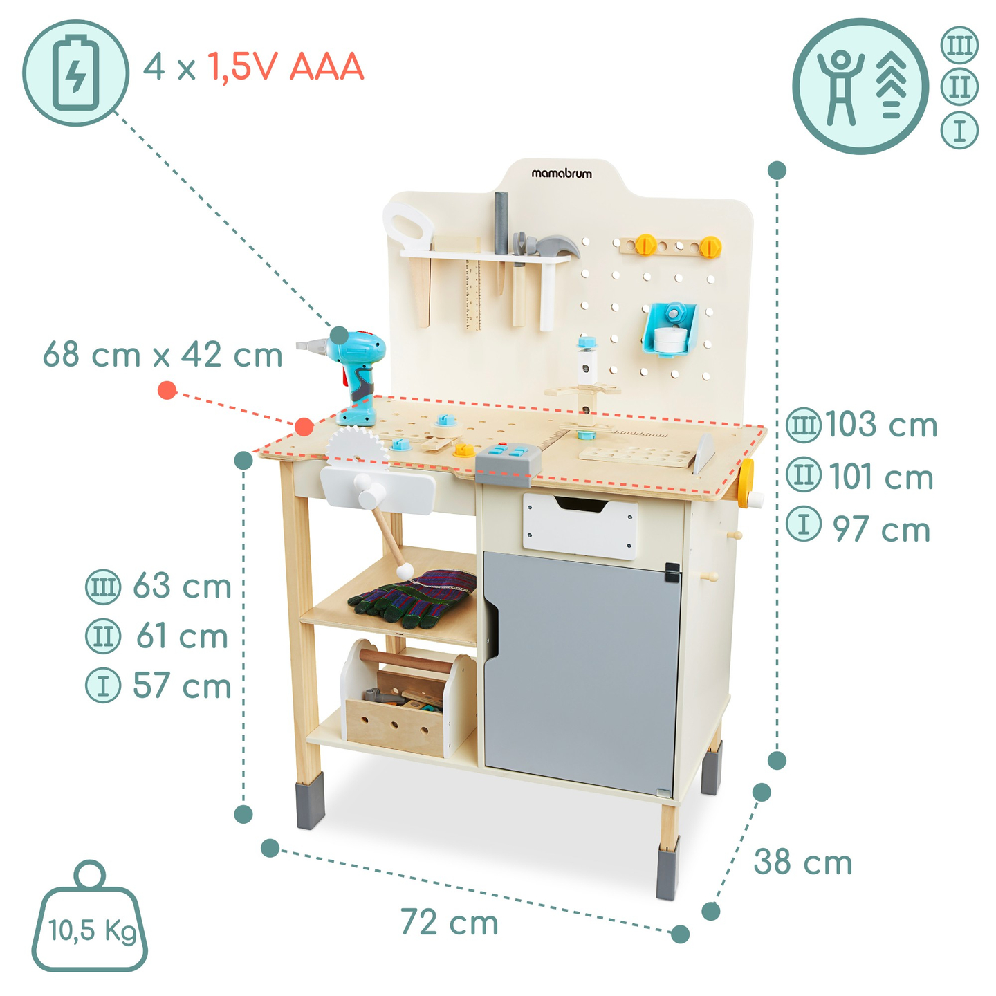 Grande oficina de madeira com ferramentas XXL - conjunto DIY, 74 elementos