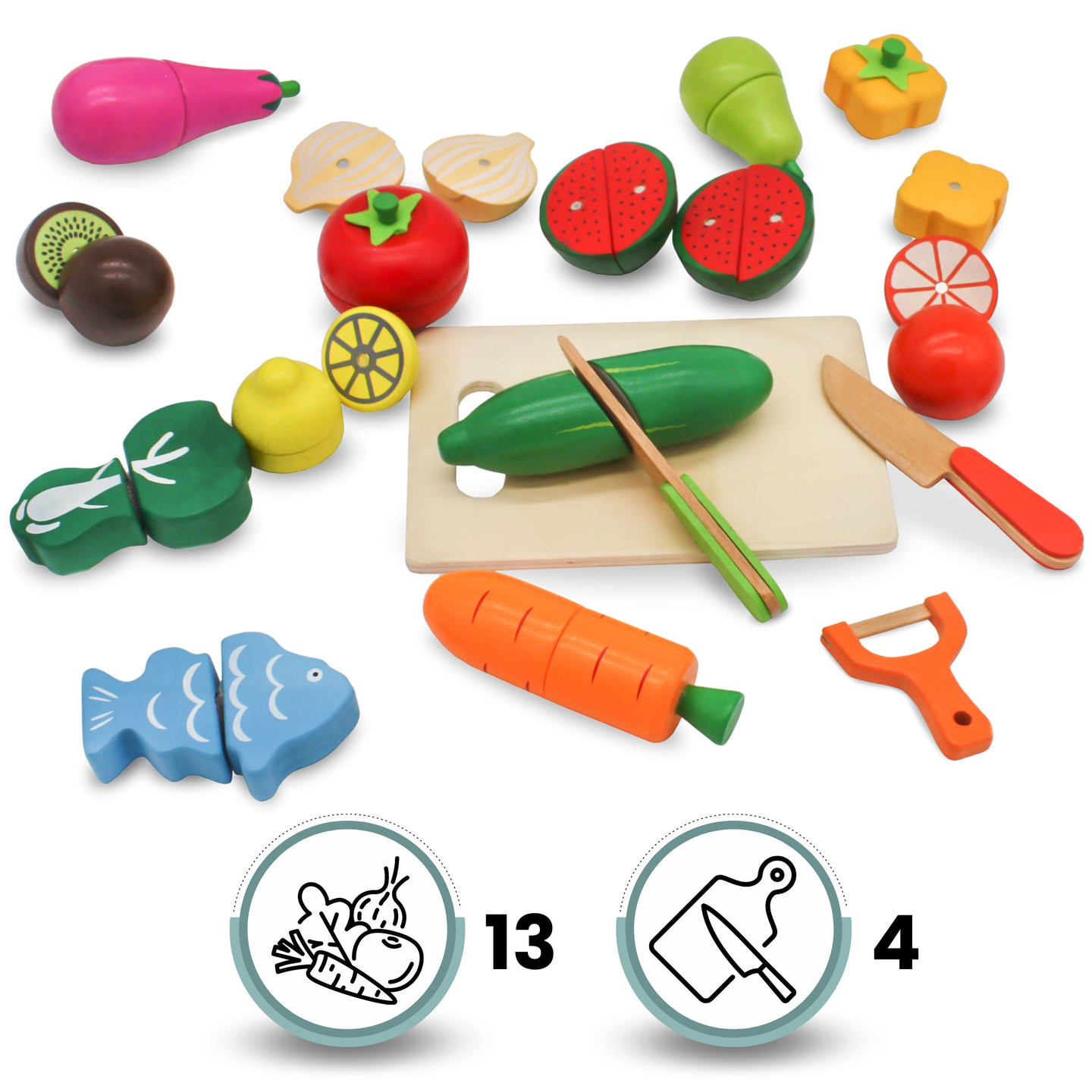 Frutas e legumes de madeira para cortar