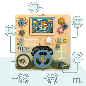 Tábua Montessori de madeira 2 em 1 Cockpit para o Pequeno Motorista e Piloto – volante, câmbio, mapas de viagem, radar