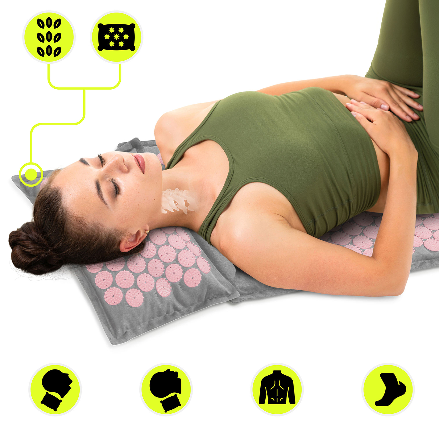 Tapete de acupressão em linho ecológico com fibra de coco e almofada de trigo sarraceno – 68 cm HyperMotion Cinza e Rosa