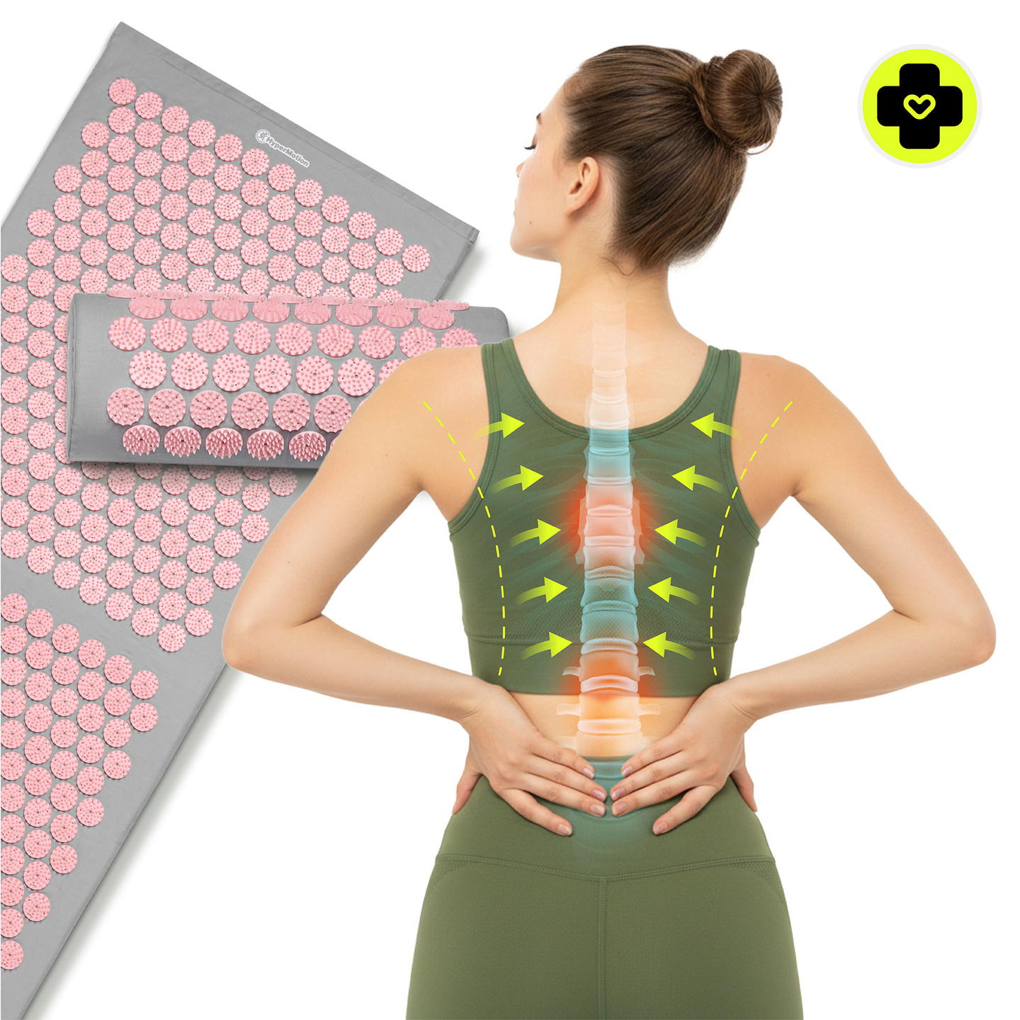 Tapete de acupressão grande com almofada e capa - 130 cm HyperMotion cinza e rosa