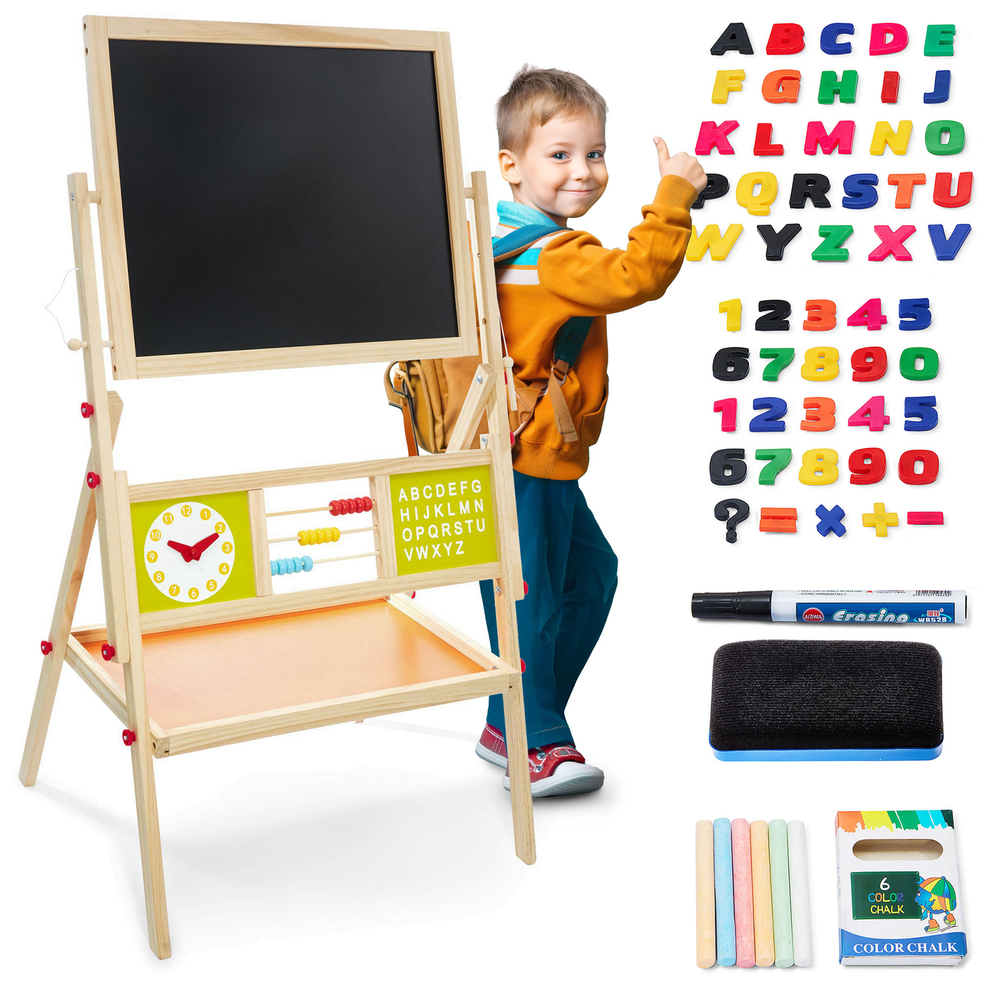 Grande quadro educativo de duas faces: magnético e quadro de giz - quadro de apagar a seco, de madeira