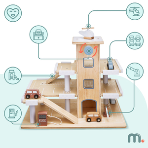 Estacionamento de três níveis em madeira com elevador - garagem para carros e helicóptero