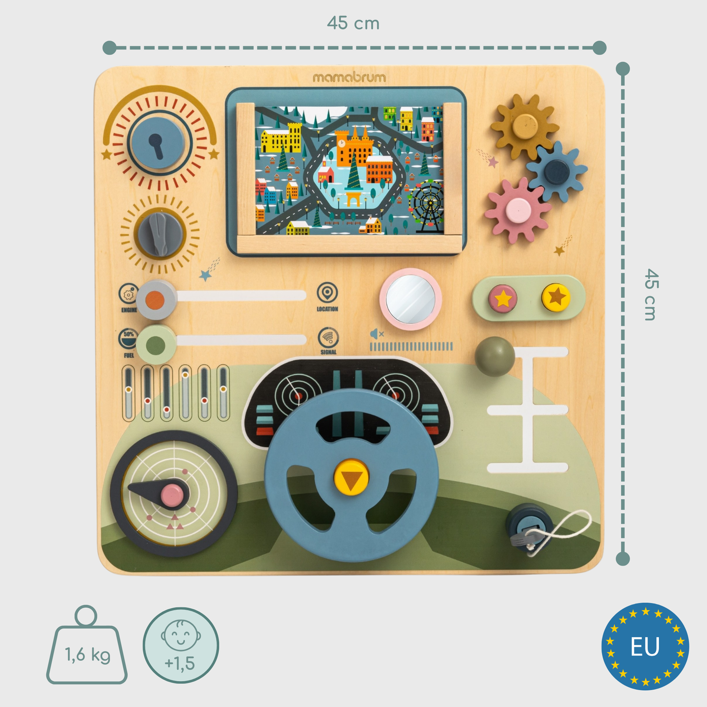 Tábua Montessori de madeira 2 em 1 Cockpit para o Pequeno Motorista e Piloto – volante, câmbio, mapas de viagem, radar
