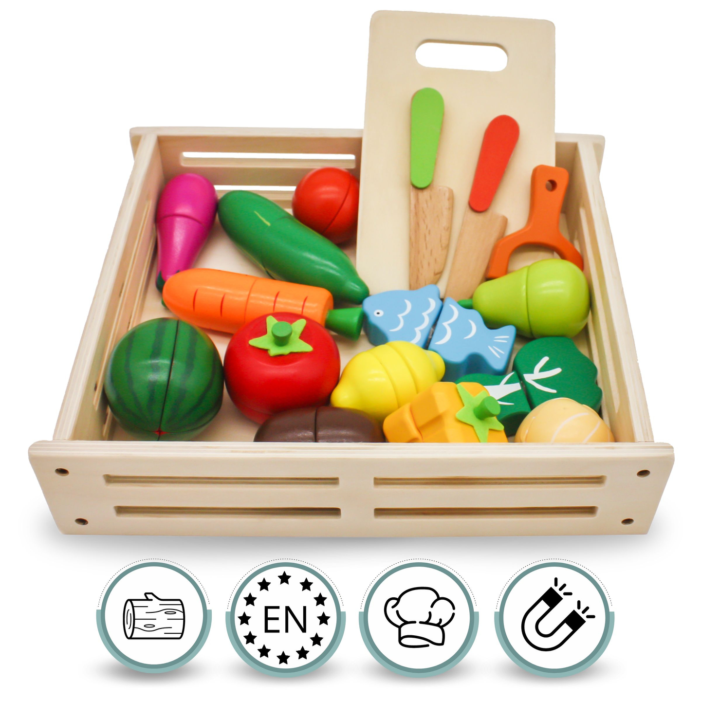 Frutas e legumes de madeira para cortar