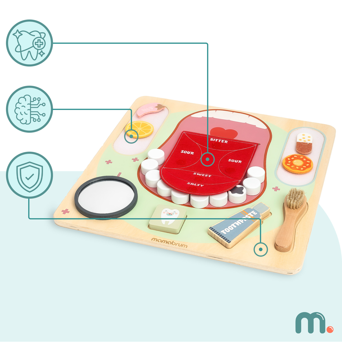 Quadro Educacional Montessori de Madeira Pequeno Dentista - escova de dentes, pasta de dentes, dentes removíveis, espelho, comida, sabores de aprendizagem