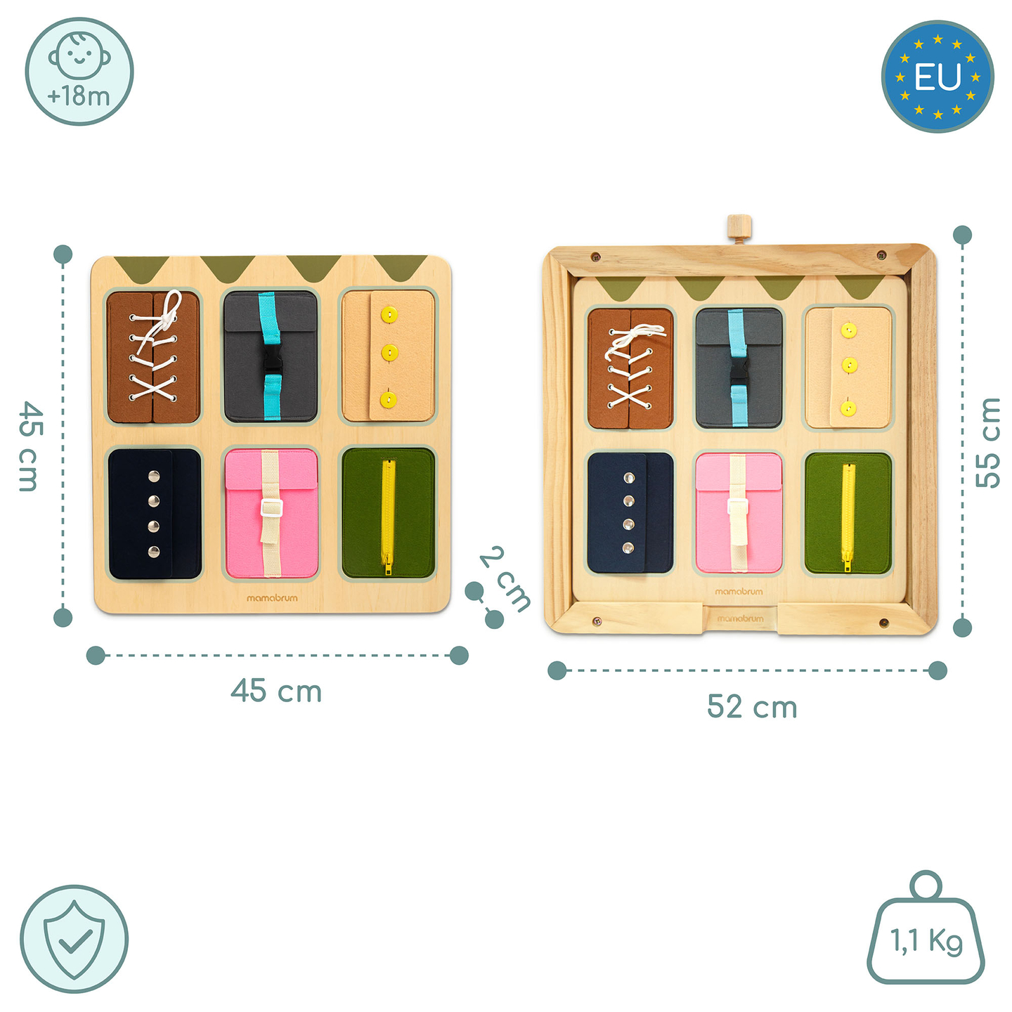 Quadro de atividades Montessori de madeira – Aprendizagem sensorial da independência – cadarços, fivelas, botões, fechos de pressão, zíper