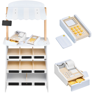 Mercearia - uma barraca de madeira com caixas, caixa registradora e terminal