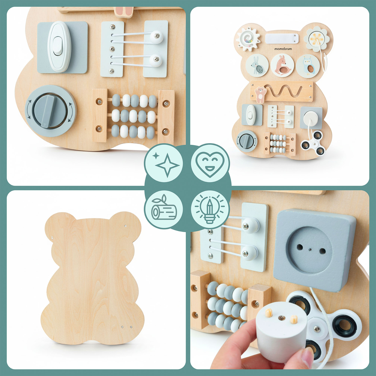 Quadro de atividades Montessori de madeira com ursinho de pelúcia - aprendizagem sensorial da independência: velcro, plugue, labirinto, botão com clique.