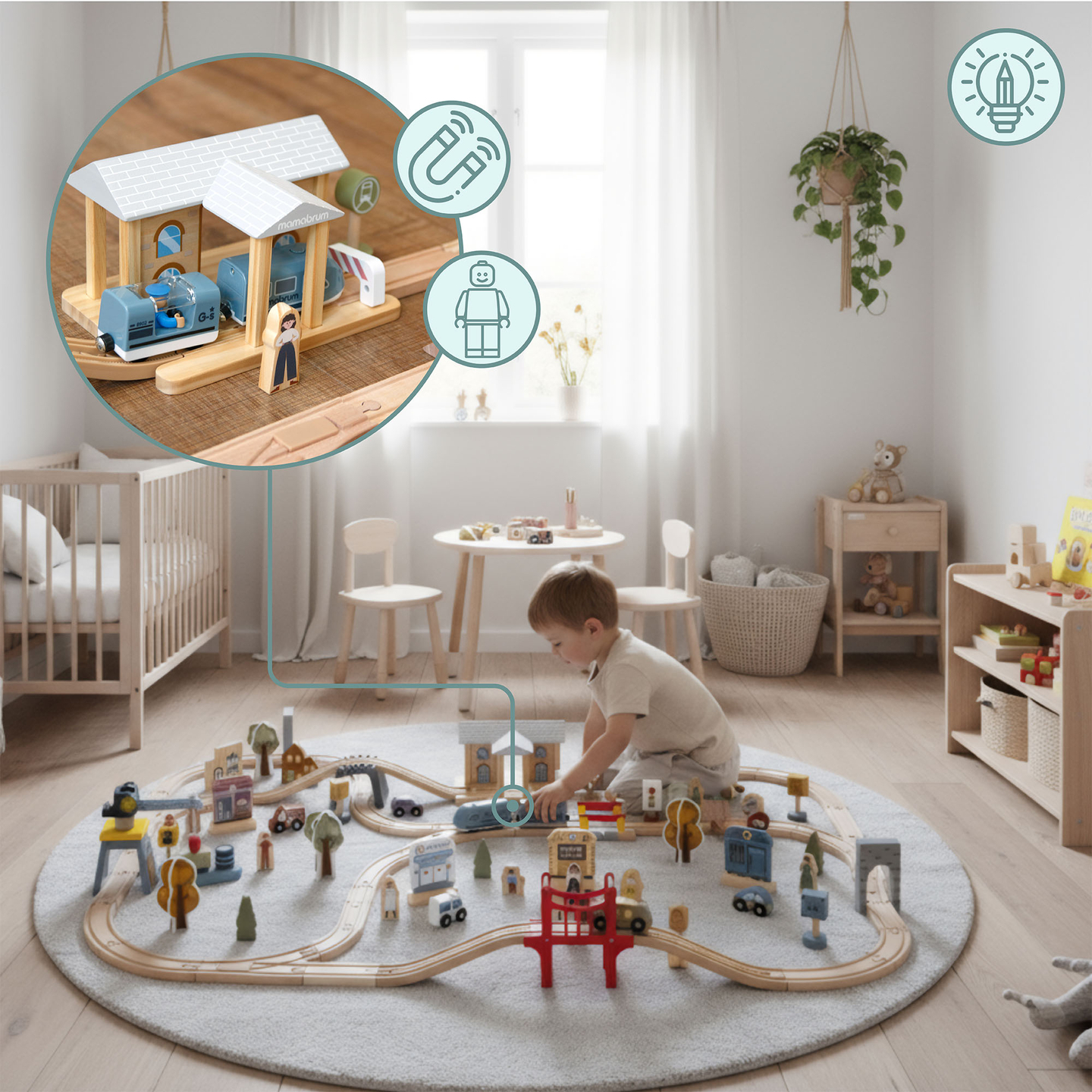 Ferrovia urbana de madeira com trem elétrico - guindaste móvel, navio, pontes