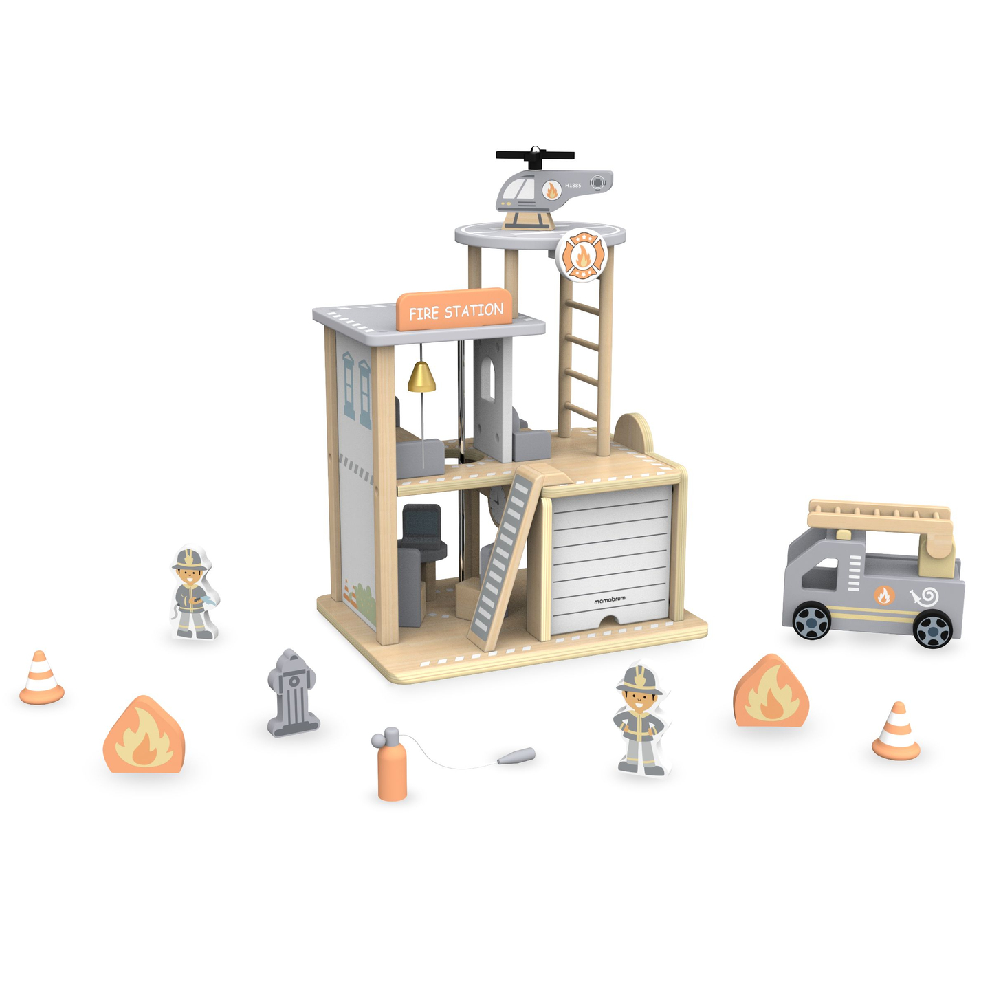 Quartel de bombeiros de madeira com acessórios, quartel de bombeiros