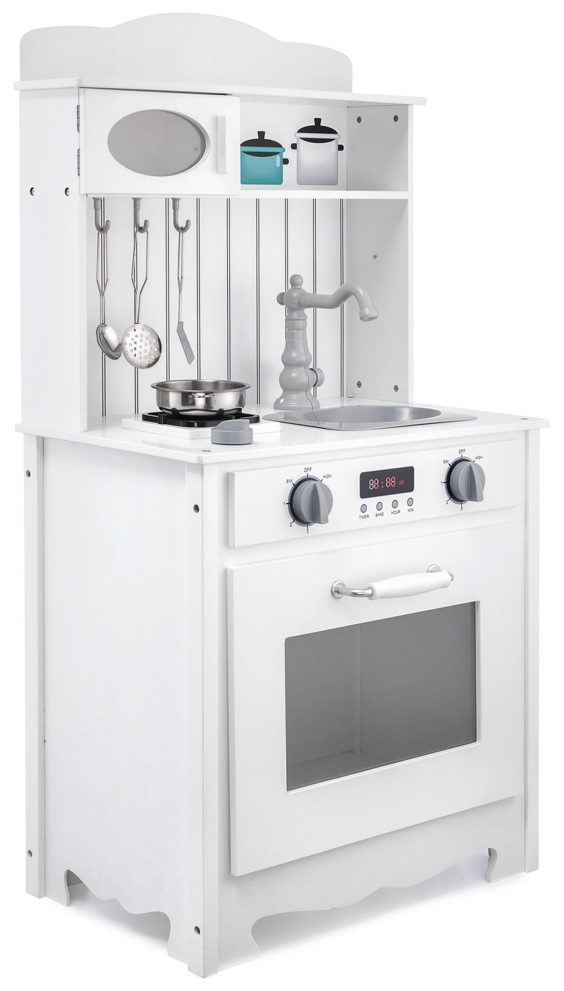 Cozinha de madeira branca com avental, acessórios e lâmpada LED