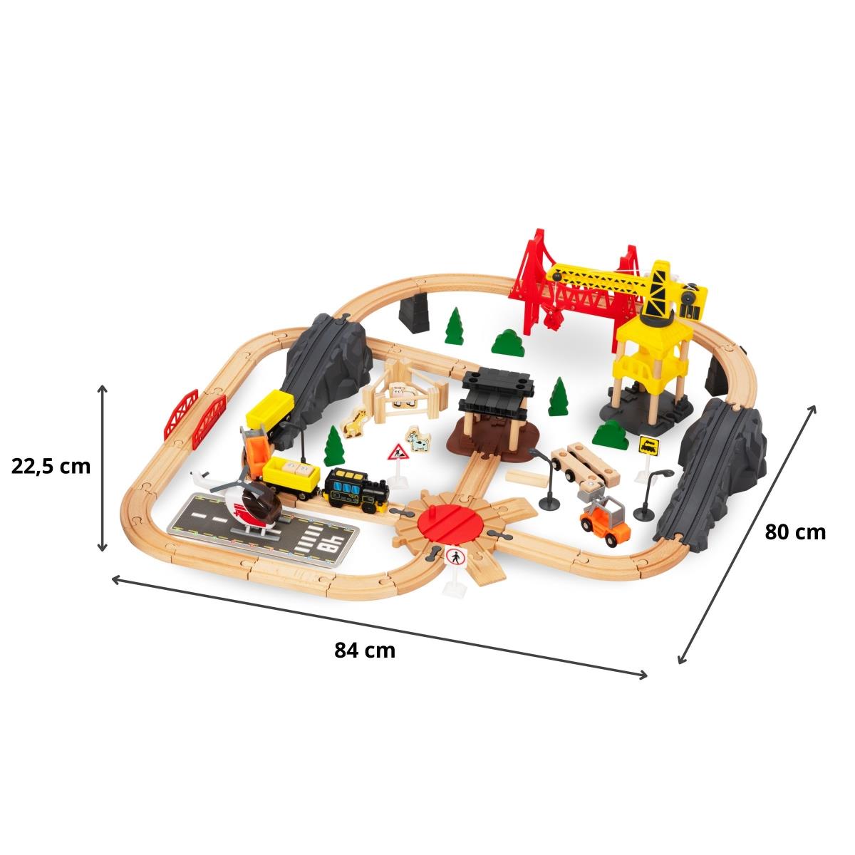 Ferrovia de madeira, trem movido a bateria - Cidade: trilhos, carros, ponte, aeroporto