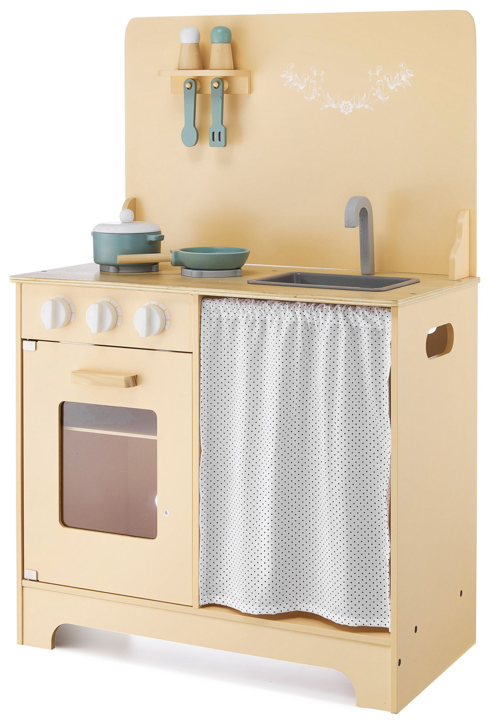 Cozinha de madeira com avental, acessórios e iluminação LED