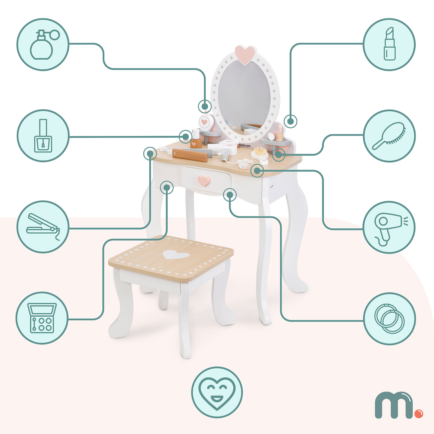 Penteadeira de madeira com banco e acessórios