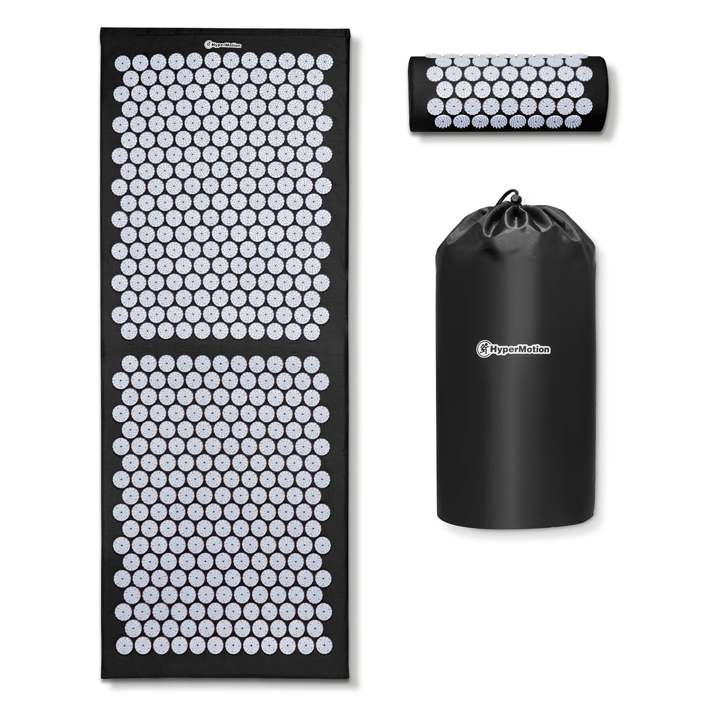 Tapete de acupressão grande com almofada e capa - 130 cm HyperMotion preto e branco