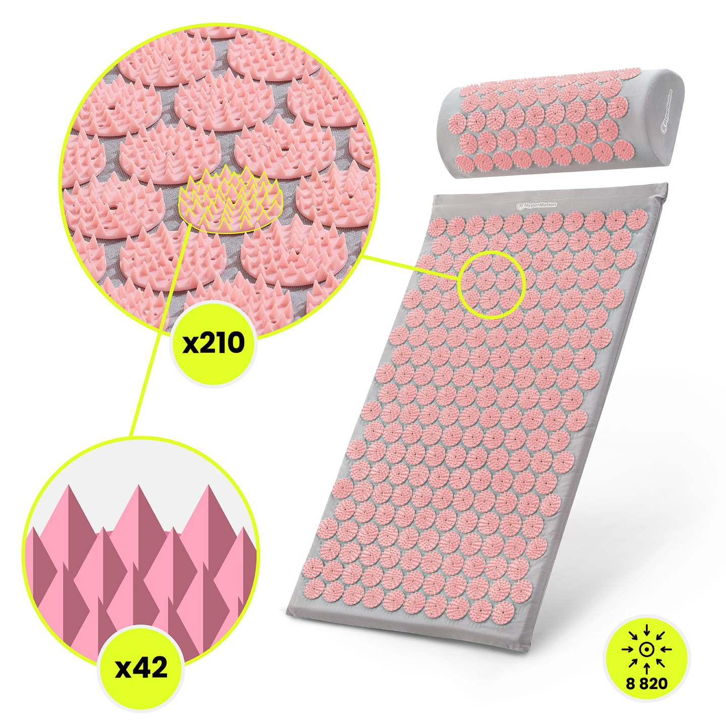 Tapete de acupressão com almofada e capa - 72 cm HyperMotion cinza e rosa