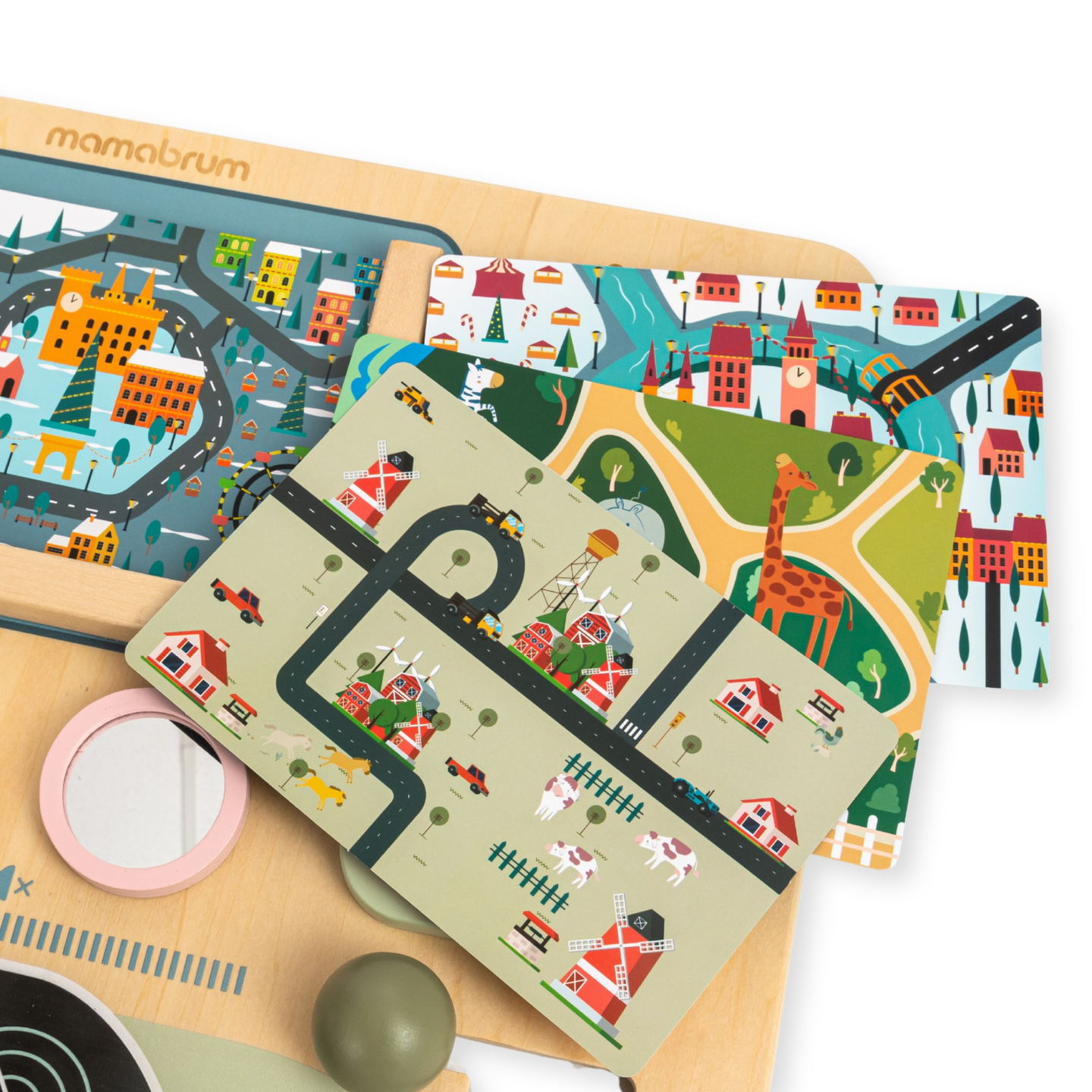 Tábua Montessori de madeira 2 em 1 Cockpit para o Pequeno Motorista e Piloto – volante, câmbio, mapas de viagem, radar