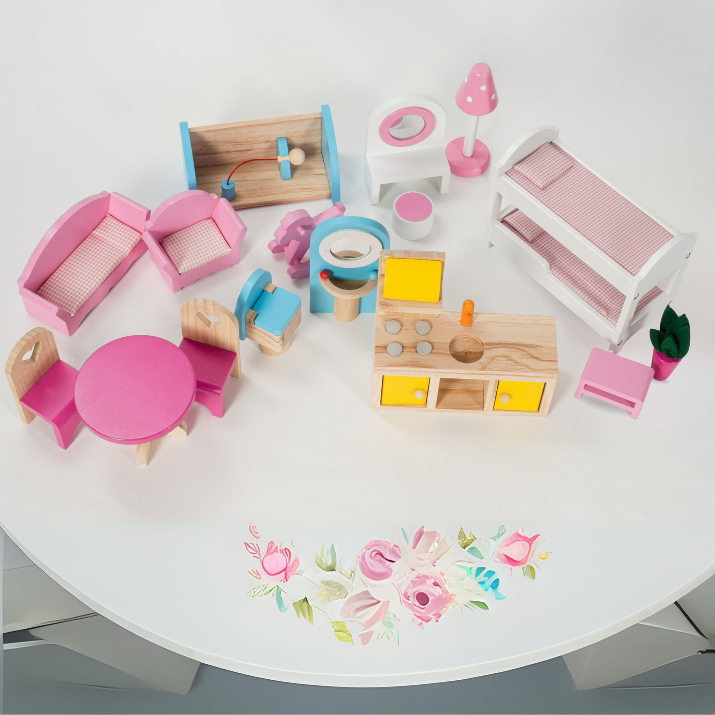 Grande casa de bonecas de madeira de 3 andares com terraço, conjunto de móveis e iluminação LED!