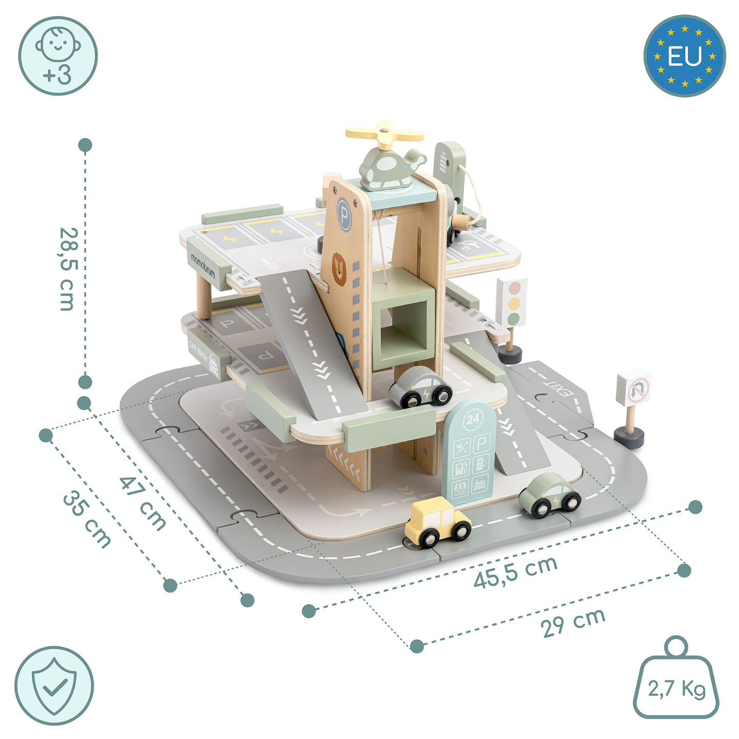 Garagem de madeira de três andares para crianças com acessórios – estacionamento, posto de gasolina, lava-rápido, helicóptero