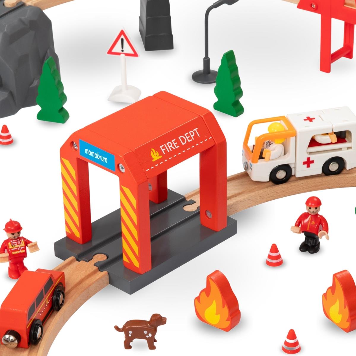 Trem de madeira, trem movido a bateria - Corpo de Bombeiros, trilhos, carros, pontes, barreira